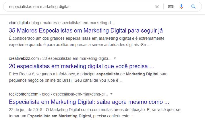 exemplo de resultado orgânico no google especialistas em marketing digital